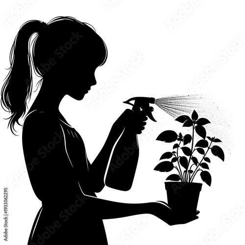 Woman spraying plant, gardening, black silhouette