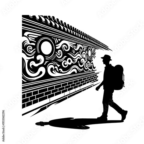 Silhouette traveler walking beside intricate mural wall