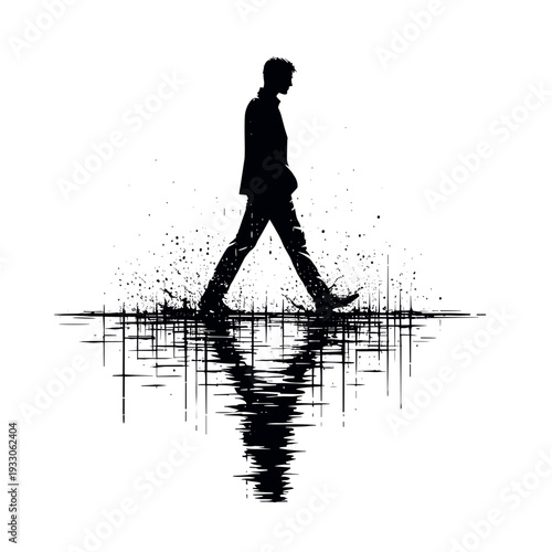 Man walking with reflection in water, black-and-white, symbolic art