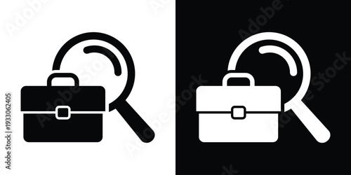 Flat professional briefcase icon with a magnifying glass. Minimalist vector symbol for job search, recruitment, and career discovery. Black and white versions included.