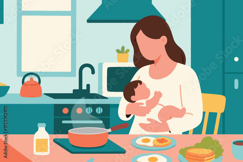 A mother is cooking in the kitchen while carrying a baby. Illustration Creative Design Template 