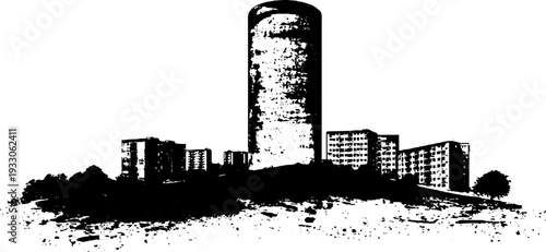 High contrast brutalist cylindrical tower block silhouette
