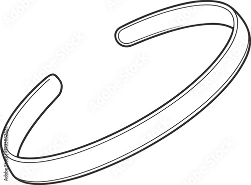 Minimalist open cuff bracelet jewelry design, elegant unisex fashion accessory illustration, simple metallic wrist bangle line art, flat vector illustration