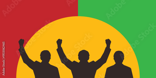 Black background with silhouettes of people and shapes in red, yellow, and green. Freedom and Black History Month