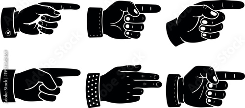 Vintage engraving style set of six pointing hand silhouettes right left various cuff styles close up vector art black icons