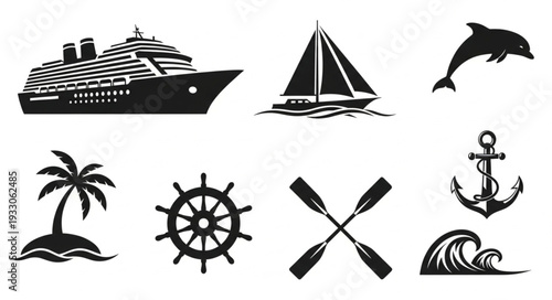 Collection of nautical and marine themed vector illustrations and icons.