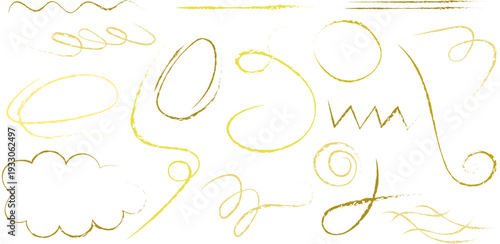 Golden hand drawn doodle set featuring circles, swirled lines, and cloud shapes in a textured sketch pencil style, perfect for digital planners, creative journaling, and blog accents.