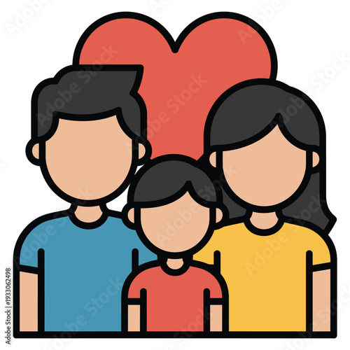 Happy family of four with a child and parents standing together under a large red heart symbol conveying unity love and togetherness with warm colors