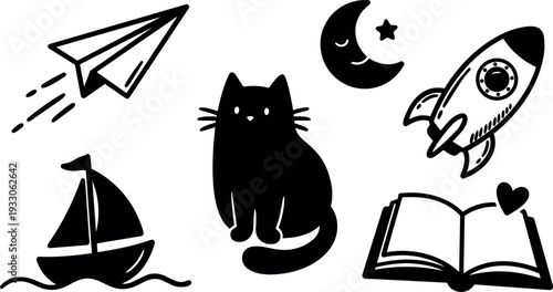 Line art whimsical icon set showing sitting cat paper plane rocket sailboat open book crescent moon simple black vector silhouettes