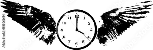 Time flies concept with clock and wings in high contrast black and white ink design