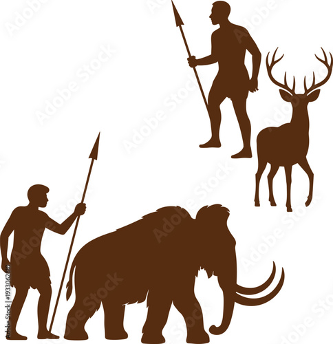 Flat vector illustration of prehistoric human hunters with spears, woolly mammoth, deer silhouettes, ancient wildlife scene, survival hunting design