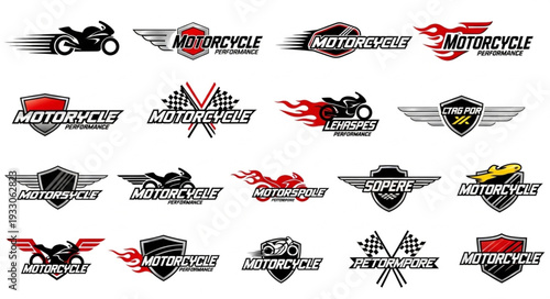 Motorcycle logos collection with wings and flames for design elements.
