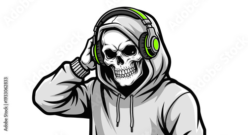 Skeleton Wearing Hoodie and Headphones Listening Music.