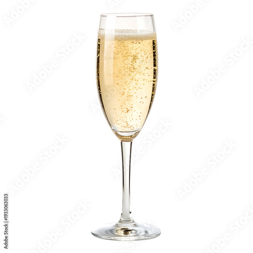 A tall clear champagne flute glass filled with bubbly champagne