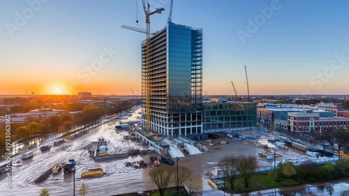 Timelapse of urban skyline emerging as construction advances from fog to sunset