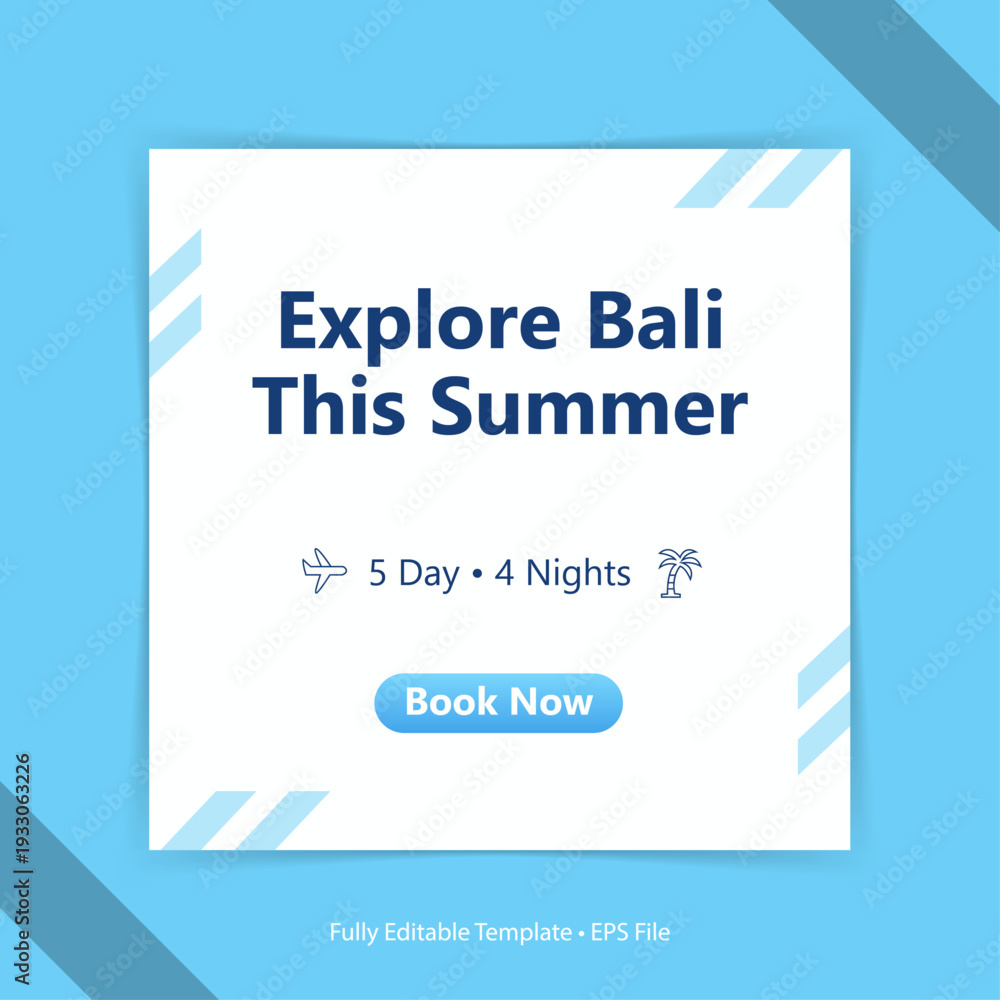 Fototapeta premium Bali Travel Package Social Media Template with 5 Days 4 Nights Holiday Promotion Editable AI Vector