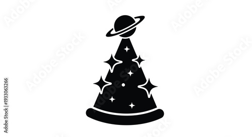 A black silhouette of a witch s hat with a planetary design silhouette