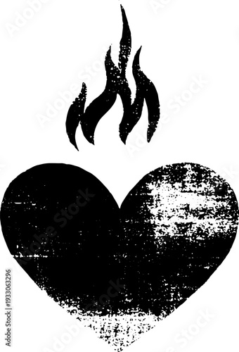 Black and white ink illustration of heart with flames - symbol of passion and intensity for vintage design