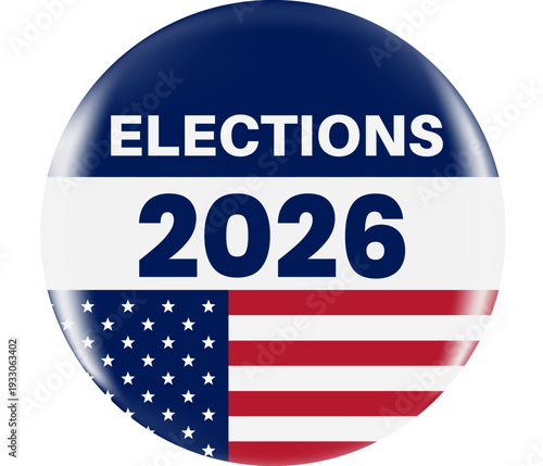 Realistic round vote badge with American flag. USA election voting sticker for 2026 midterm election. Responsible voting symbol, vector illustration.