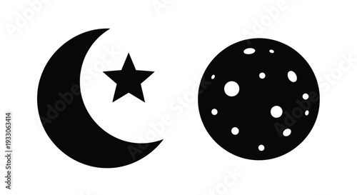 Celestial bodies including moon star and planet in dark silhouette