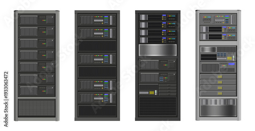 Server racks set with indicator lights. Vector blade enclosures with power buttons and USB ports. Data center equipment front panels with control elements, ventilation grids and connection interfaces