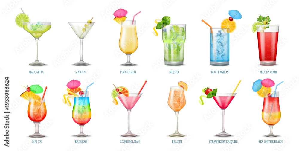 Naklejka premium Alcoholic cocktails in glasses with ices and fruits, straws and umbrellas. Vector margarita and martini, pinacolada and mojito, blue lagoon and bloody mary, mai tai and rainbow, bellini and daiquiri