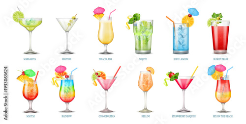 Alcoholic cocktails in glasses with ices and fruits, straws and umbrellas. Vector margarita and martini, pinacolada and mojito, blue lagoon and bloody mary, mai tai and rainbow, bellini and daiquiri