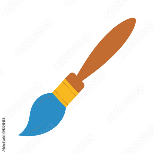 Paintbrush with blue paint and wooden handle resting on a clean white background artistic tool for creativity and design
