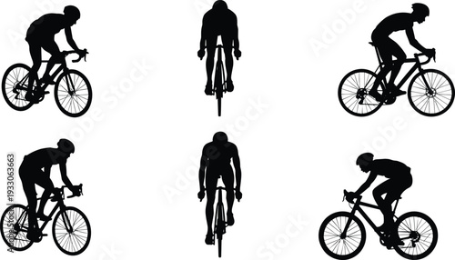 Cyclist silhouettes, bicycle riding positions, road cycling sport, racing competition, fitness exercise illustration, athletic activity, black silhouette art, dynamic motion