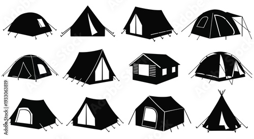 Various tent designs in a black and white graphic silhouette
