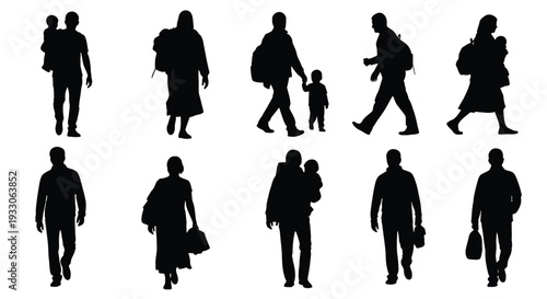 Diverse group of people walking depicted in dark silhouette
