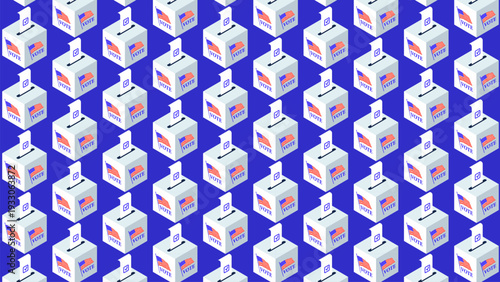 Isometric ballot boxes with completed bulletins and check marks. Pattern of boxes for US elections, voting concept, civic duty, election background, vector illustration.