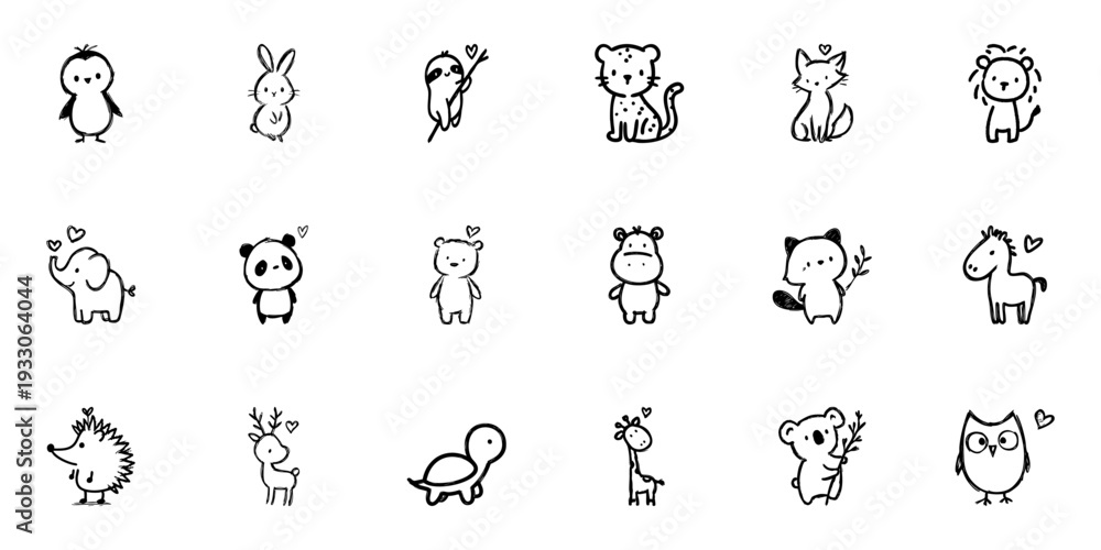 Obraz premium Cute Animal Line Icon Set In Doodle Style. Adorable Wildlife Characters With Heart Motifs Outline Sketch Collection. Hand Drawn Isolated Vector Illustration