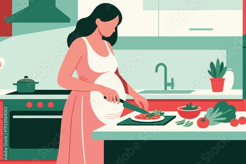 A Pregnant Woman Is Cooking In The Kitchen Illustration Creative Design Template 