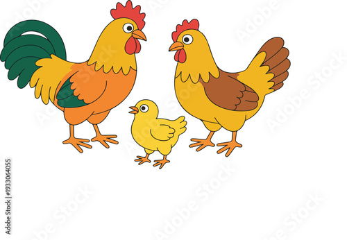 Chicken Family Vector Illustration Set with Chick, Hen and Rooster in Flat Cartoon Style