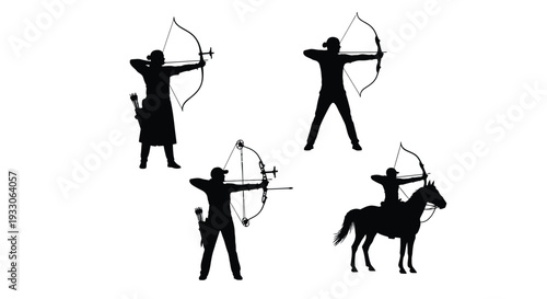Archers in dynamic poses including one on horseback black silhouette