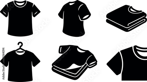 Flat design minimalist t shirt icon set showing black silhouette shirts folded hanging on hanger close up studio angle
