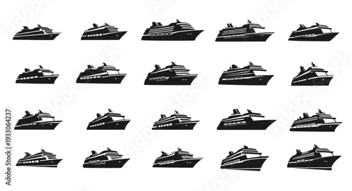 Collection of cruise ships in silhouette, perfect for travel and tourism concepts.