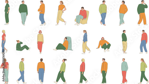 Stylized illustration of diverse male and female characters in casual clothing with various poses, standing, sitting, walking, and lounging, perfect for design, fashion, and storytelling projects.