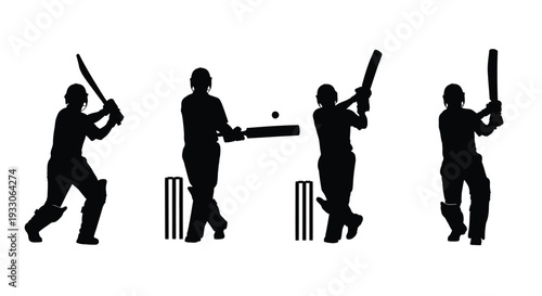 Four cricket players in action depicted as a dramatic silhouette