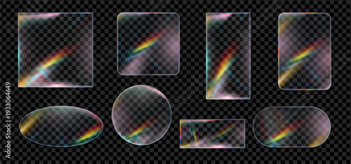 Glass composition set. Vector isolated oval, ellipsoid and square, circular and rectangular forms. Transparent geometric objects with flare and reflection. Futuristic design and branding