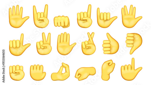 Hand gestures set. Vector isolated 3D human palm showing wave and fist, victory and horn signs, crossed finger and index up, thumb up and down. Symbolic positions and expressive communication