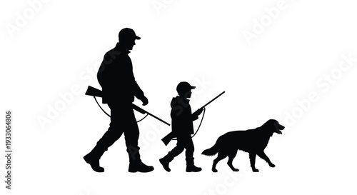 Father son and dog walking with rifles a striking silhouette