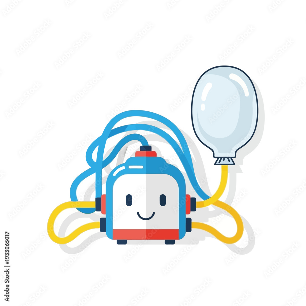 Fototapeta premium Cute cartoon robot inflating a balloon with a happy face, blue and yellow wires
