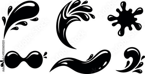 Minimalist vector splash icons assorted water drops and blots in bold silhouette set for branding and packaging design logo labels