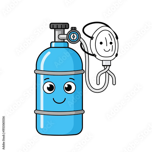 Cute Cartoon Scuba Diving Oxygen Tank with Mask, Happy Character, Underwater Adventure