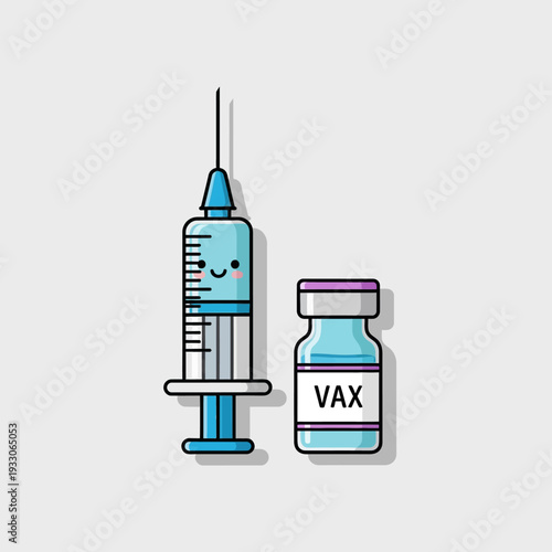 Cute Cartoon Syringe and Vax Vial with Happy Face, Vaccination Concept