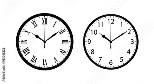 Two circular clocks displaying different times black silhouette