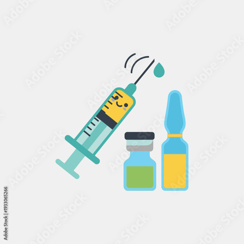 Cute Syringe and Vials with Droplet, Medical Cartoon Illustration