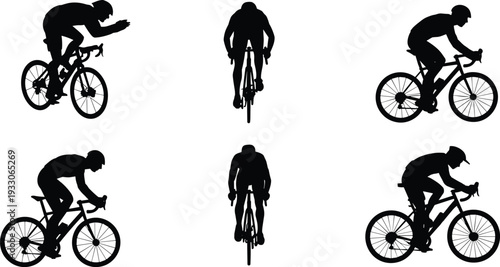 Cyclist silhouettes, road cycling posture, sports fitness illustration, racing bicycle design, aerodynamic riding positions, black silhouette art, athletic activity, competition